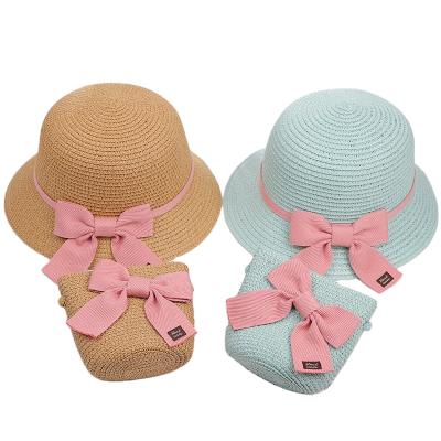 China Picture Children's Sun Hat Girl's Straw Hat Sun Protection Bucket Straw Hat And Bag Set Beach for sale