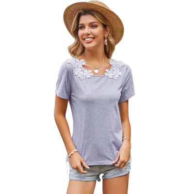 China Anti-wrinkle spring 2021 European trade women's new outdoor blouse flower and American round neck short sleeve stitched T-shirt women's for sale