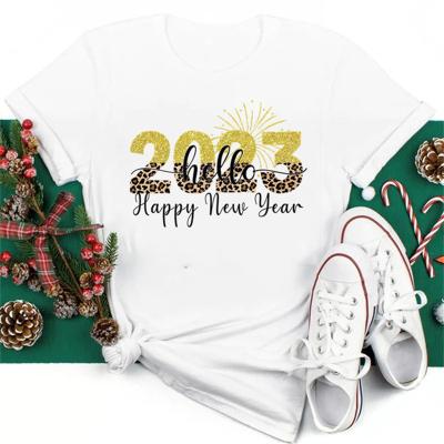 China Regular Hello 2023 Print T-shirt Happy New Year Party Outfit Tops Winter Holiday Short Sleeve T Shirts lovers Casual Clothes for sale