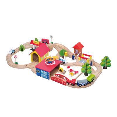 China Slot Toy Educational Learning DIY Racing Toys 69pcs Road Classic Railway Car Tracks Wooden Train Track Set for sale