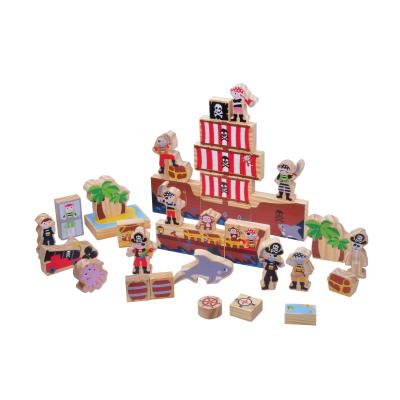 China Educational Colorful Building Toy 21 Pcs Baby Stacking Pirate Scene Toy Building Wooden Block For Children for sale