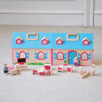 China Toy High Quality Portable Educational Take Along Mini Folded Wooden House Toy with Furniture for sale