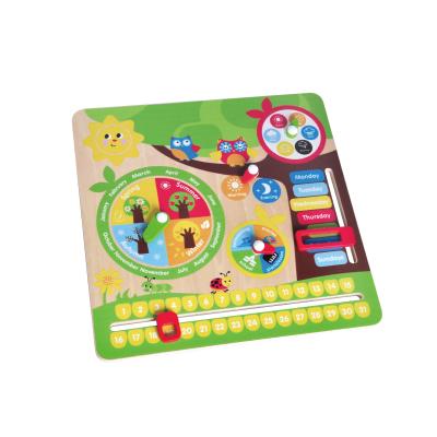 China Educational Cartoon Wooden Frog Season Time Baby Toys Montessori Plywood Clock Calendar Kids for sale