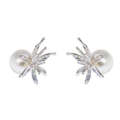 China Vintage AOSHAN factory Personalised European and American exaggerated 925 silver needle flower shape pearl copper stud earrings for sale