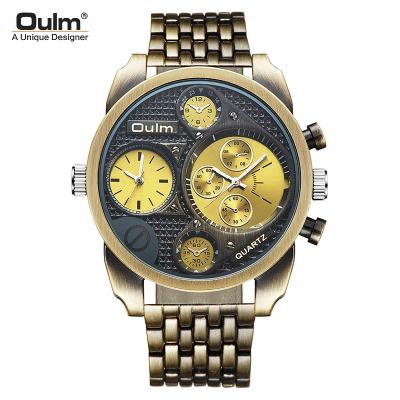 China Oulm Antique Men's Luxury Wrist Watch Quartz Watch Analog Steel Military Gold Band Dual Time Wrist Watch for sale