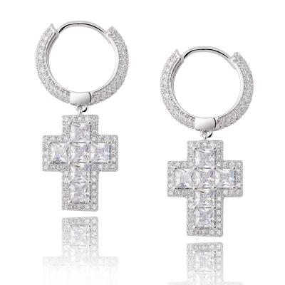 China New FASHIONABLE Luxury Ladies Cross Dangle Earrings 18k Gold Silver Plated Micro Inlaid Rectangular CZ Earrings Wholesale for sale