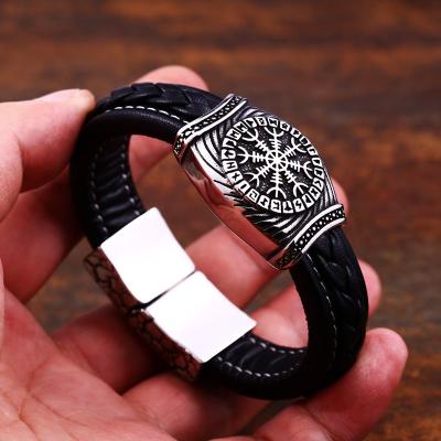 China Hot Sale Men's Jewelry Hip Hop Vintage Compass Mens Viking Rune Leather Bracelet for sale