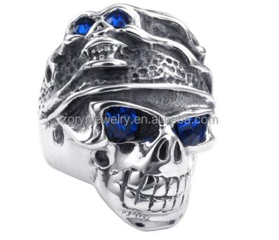 China Punk Gothic Vintage Skull Skeleton Ring With Blue Eyes Two Key Stainless Steel Jewelry For Men Halloween for sale