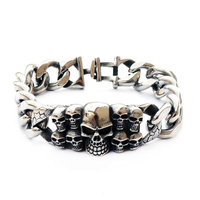 China Wholesale Vintage Gothic Stainless Steel Mens Silver Black Biker Style Hiphop Skull Punk Bracelet for sale