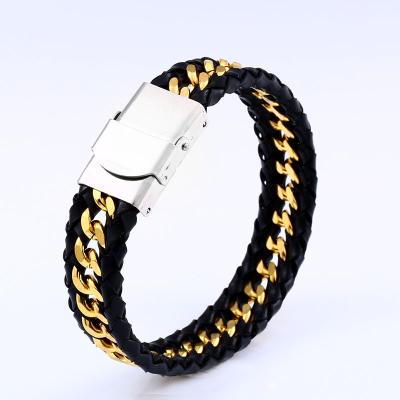 China Hiphop Flat Braided Leather Rope with Stainless Steel Chain for Wristband String Rope Thread Bracelet Wristbands for sale