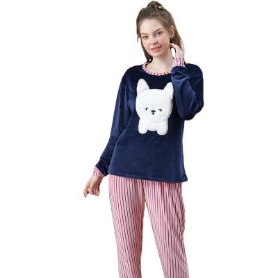 China Winter Flannel Fabric QUICK DRY Sleepwear Set For Lady Cartoon Long Robe Pink Stripe Women Thick Warm Pajamas for sale