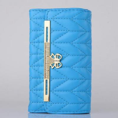 China Classic Argyle Design Bowknot  Button Wallet Blue custom leather cell phone cases for sale