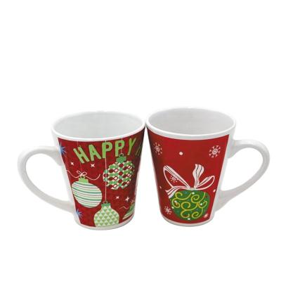 China Sustainable 10oz V Shape Porcelain Mug And Ceramic Mugs With Merry Christmas Design for sale