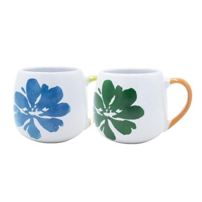 China Viable Printed Leaves Blank Round Large Capacity Ceramic Coffee Mug With Handled for sale