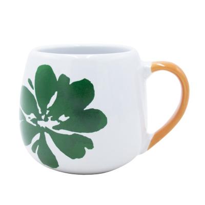 China Sustainable Hot Sale High Cost Performance Printed Green Leaves Round Ceramic Mugs For Beverage for sale