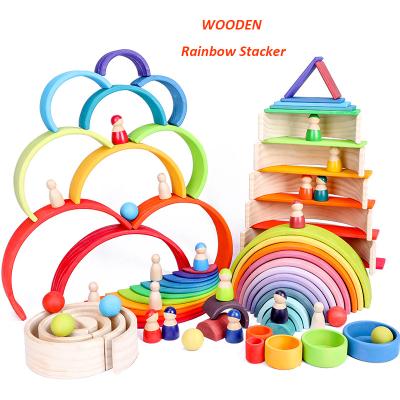 China Building Toy Large 12 Piece Wooden Building Blocks Nesting Puzzles Stacking Toys Rainbow Wooden Stacker for sale