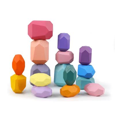 China Colorful Wood Montessori Toy Building Block Set Building Toy 16 Stacking Stones Large Wooden Blocks For Toddlers 3+ for sale