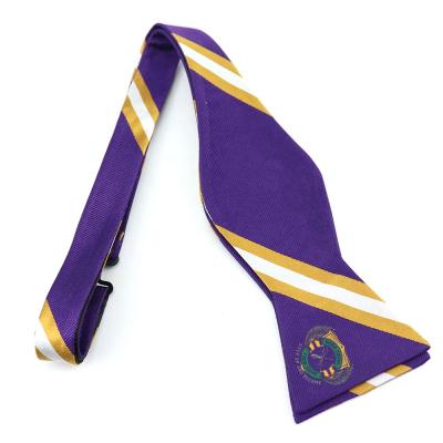 China 100% Silk Phi Fraternity Logo Embroidered Wholesale Detachable Purple Striped Silk Bow Ties Handmade Custom Made For Men for sale