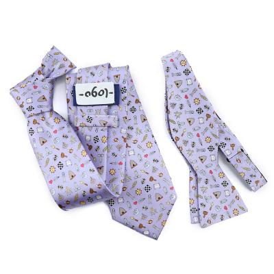 China 100% Custom Made Handsome Light Purple Mens Masonic Bow Ties All Over Cartoon Patterns Printing Silk Tie Set Men for sale