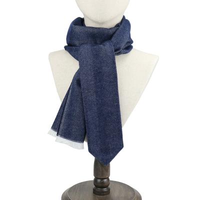 China Soft Soft Feeling Classic Navy Blue Jacquard Herringbone Striped One End Tie Winter Custom Branded Mens Scarf Wool for sale