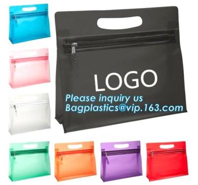 China travel use frosted pvc cosmetic zipper bag with logo, zip slider pipping cosmetic hand sample promotion bags, Clear PVC for sale