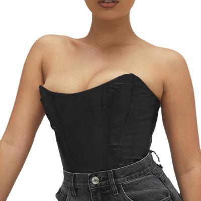 China 2021 Summer QUICK DRY SALE Strapless Backless Zipper Up Overbust Fish Boned Pu Leather Bustier Corset Crop Top for sale