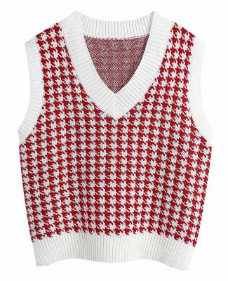 China Breathable Women's Houndstooth Pattern Casual V-Neckline Knitted Loose Pullover Sweater Vests for sale