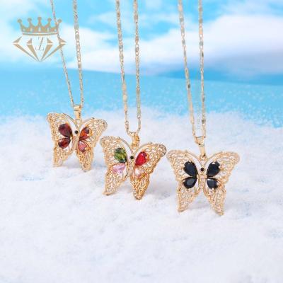 China Cute Wholesale 14k 18k Crystal Rhinestone Necklace Earrings Women Gold Plated Butterfly Set Jewelry Products for sale