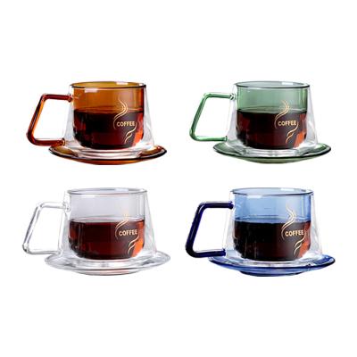 China Creative Logo Coffee Cup Double Wall Mini Small Silico Heat-Resistant Glass Custom Viable Mug With Square Handle for sale