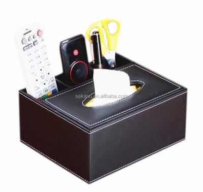 China Multifunctional Artificial Leather PU Pen Pencil Box Lid Holder Desktop Storage Box Remote Control Tissue for sale