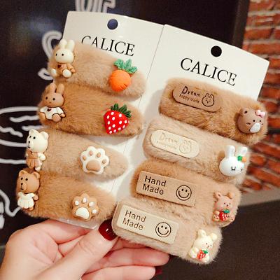 China Japan and Korean milk tea hairpin headdress hair clip autumn and winter style plush hairpin cartoon Korean girls side clip plush hairpin for sale