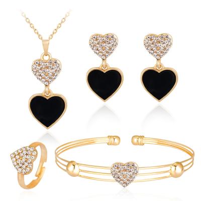 China FASHIONABLE classic black heart necklace dangle earrings rings bracelet four-piece jewelry set factory supply for sale