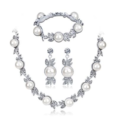 China TRENDY fashion style Korean rhinestone pearl necklace earrings bracelet wedding jewelry three-piece set in stock for sale