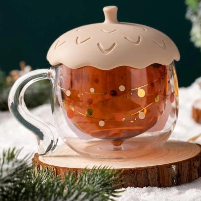 China Wholesale Viable Double Wall 350ml Christmas Mug Glass Acorn Shaped Elegant Glass With Handle And Silicone Lid Drinking Glass for sale