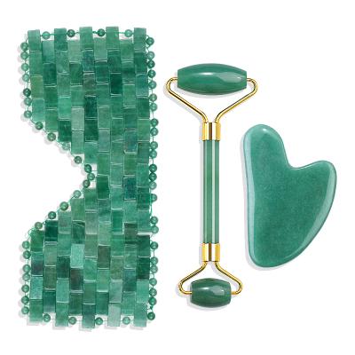 China Factory Price Face/Body Jade Roller Gua Sha Set Green Aventurine Massager 3pcs Face Roller Crystal Gua Sha Stone and Jade Eye Mask Set for sale