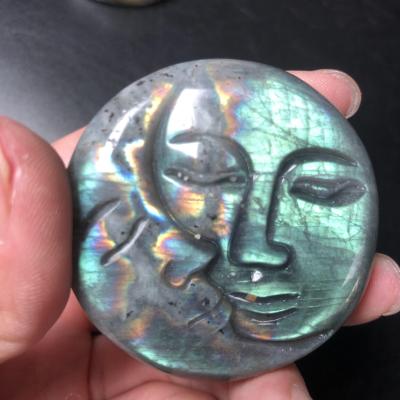 China China wholesale hand carved colorful purple pink blue labradorite sun and moon face palm cravings for gifts for sale