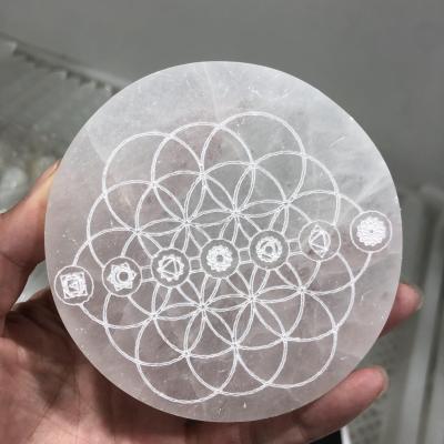 China China wholesale natural high quality hand carved selenite plate chakra fengshui selenite slab for decoration for sale