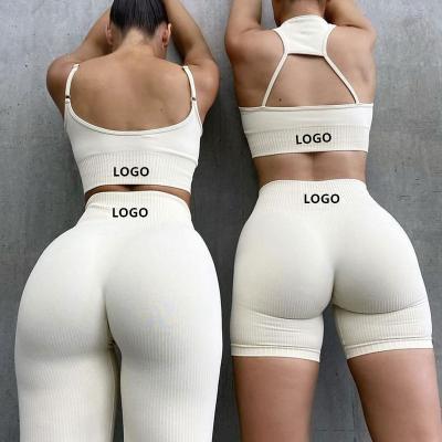 China Tiktok Hot Sale Fitness Apparel Breathable Women Seamless Yoga Leggings Set Athletic Wear Ribbed Crac! crack! booty gym shorts workout clothes for sale