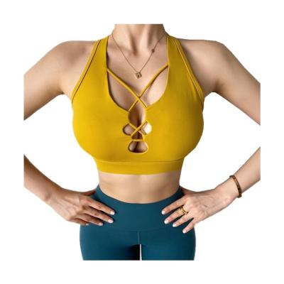 China Breathable Sexy Hollow Out High Impact Sports Bra Women Training Gym Fitness Underwear Yoga Tops Gather Shockproof Bra for sale