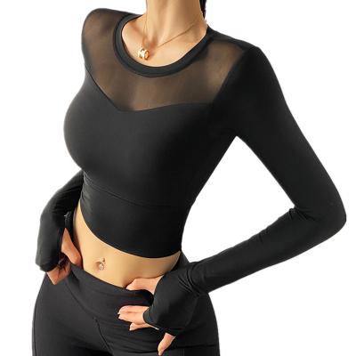 China Crop Yoga Women Patchwork Yarn Dance Training Clothing Female Tight Workout Long Sleeve Breathable Net Top Sport T-Shirts for sale