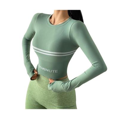 China Autumn Letter Stripe Sports Crop Tops Women Anti-Smell Long Sleeve Yoga Shirts Thumb Hole Gym Seamless Tight Running T-Shirt for sale