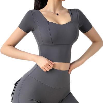 China Wholesale New Products Breathable Summer Sports Tops With Chest Pads, Short Sleeve Low-Neck Yoga Clothes, Ladies Fitness Running T-shirts for sale