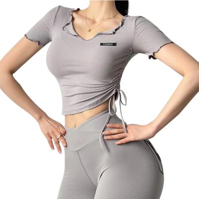 China Breathable Wholesale New Products Customized Ladies Short Back Draw Yoga Full Sleeve Low Collar Sports Workout Clothes Home Casual T-Shirts for sale