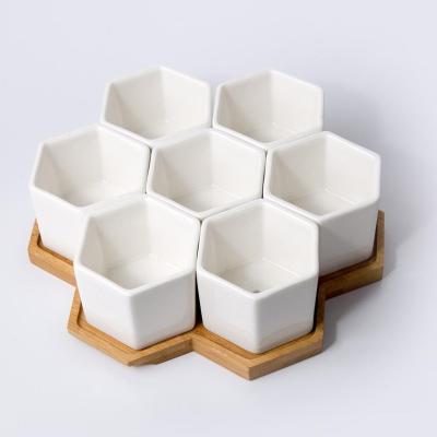 China 100% Handmade White Succulent Flower Pot Porcelain Ceramic Flower Pots Rounded Corner Simple Square Pots With Bamboo Tray for sale