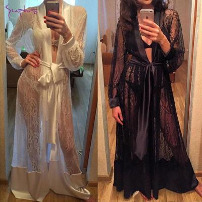 China QUICK DRY QUICK DRY SUPHIS lace up nightgown sleepwear nightgowns kimono robe bathrobe female warm sleep see through sexy long robe women long lace robe for sale