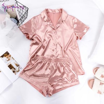 China SUPHIS 5 Colors Girls Luxury QUICK DRY Summer Short Sleeve Sets Women Sleepwear Tops and Casual Ladies Shorts Nightgowns Suits Satin Pajamas for sale