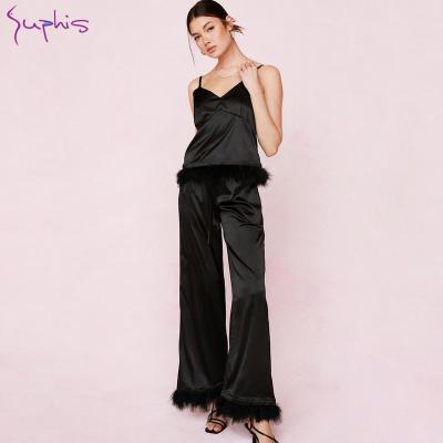 China SUPHIS Satin Nightgowns Spaghetti Strap Flare Casual Patchwork Color Women Feather Fashion Sleepwear Pajamas for sale