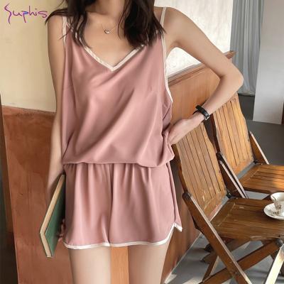 China SUPHIS Breathable Breathable Korean Woman Pijama Set Summer Candy Color Comfort Home Sleepwear Women Loose V-Neck Satin Pajamas Set 2 Piece Set for sale