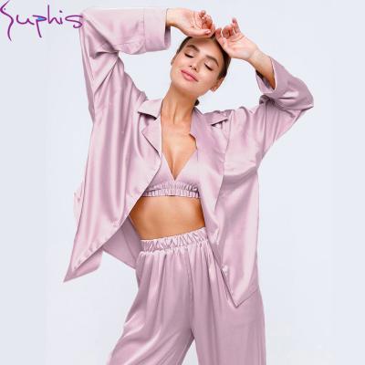 China SUPHIS Women Sleepwear Breathable Silk Suits Pants Homewear Satin Collar Sleeve Turndown Pouch Long 2 Piece Set Solid Loose Female Pajamas for sale