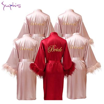 China SUPHIS VANE Bride Bridesmaid Wedding Long Women Nightgowns Breathable Long Robe Satin Kimono Robe Bathrobe Letter Embroidery V-Neckline Nightgown for sale